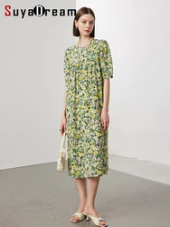 SuyaDream, Women Floral Dresses, 100%Real Silk, O Neck, Printed Mid Dress, 2024 Spring Summer Clothes, Yellow Green