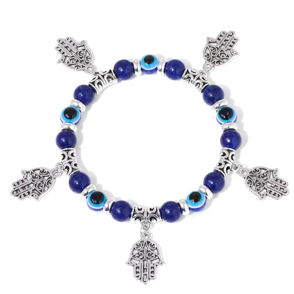 Evil Eye Hamsa Hand of Fatima Charm Bracelets Pink Turquois Lapis Lazuli Black Onyx Silver Color Beads Bracelet For Men Women