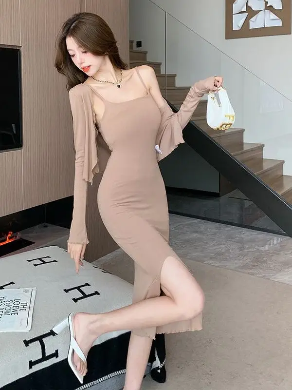 

Комплект из двух предметов Ele Khaki Strap Dr: женский, весенне-осенний, нежный, оранжевый, мягкий, сексуальный, с высокой талией, асимметричная юбка