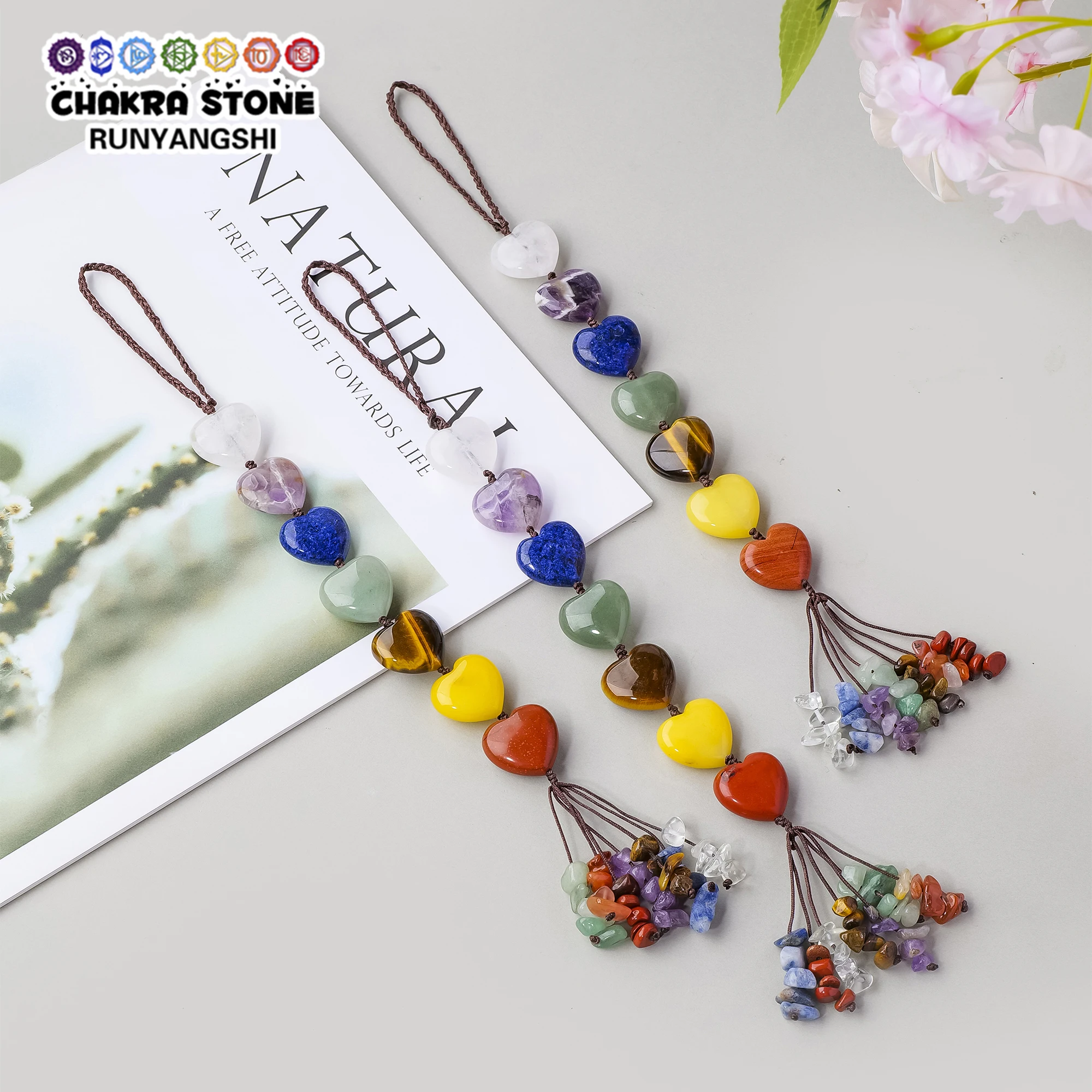 1PC Hand-Woven Rainbow Heart Natural Crystal Car Hanging Ornament for Car Interior & Yoga Decor
