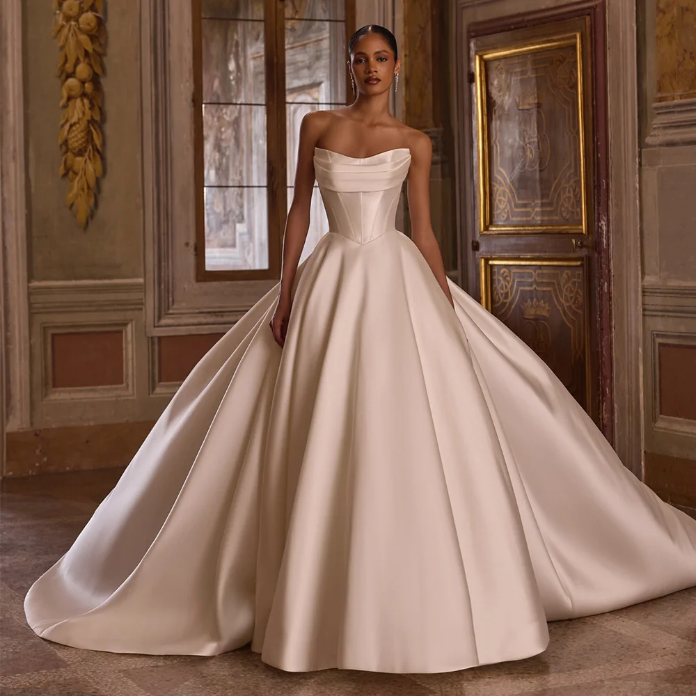 

High Quality Satin Strapless Bridal Gowns Classic A-Line Ruched Customized Wedding Dress Simple Zipper Back Vestido De Novia