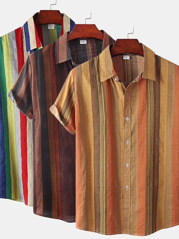 

Men's Striped Color Matching ort Sve irt Casual Loose Fit Polyester Summer Faion Print Collar Button down