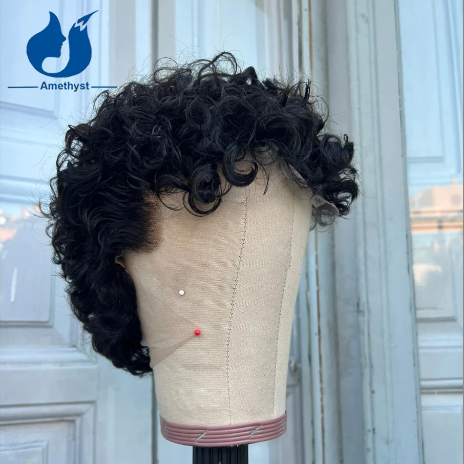 Amethyst Short Curly Natural Black Bob Lace Wig for men Brazilian Bleached 13x6 Lace Frontal Wig Pixie Cut Male Hairpiece Remy