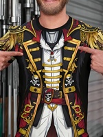 Men's Pirate Role-playing Pattern T-shirt - 3D Printed Skull and Cross Bone Design,  Breathable Summer Short-sleeved T-shirt