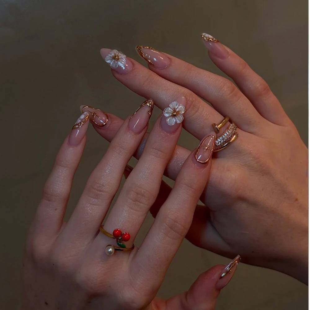 Presse d'hiver sur les ongles, fait à la main, amande et carrés, peinture française, Design Floral 3D, réutilisable, Kit de 10 pièces pour femmes