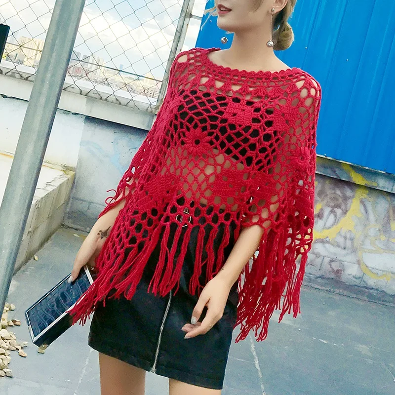 Summer Autumn Women Batwing Knitwear Hooks Hollowed-out Knitted Tassel Loose Pullover Cloak Bat Shawl Tops Outwear Blouse