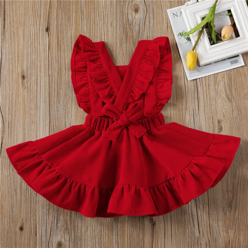 Blotona Lovely Baby Girls Solid Color Suspender Skirt, Sleeveless Square Collar Large Hem High Waist Dress with Ruffles