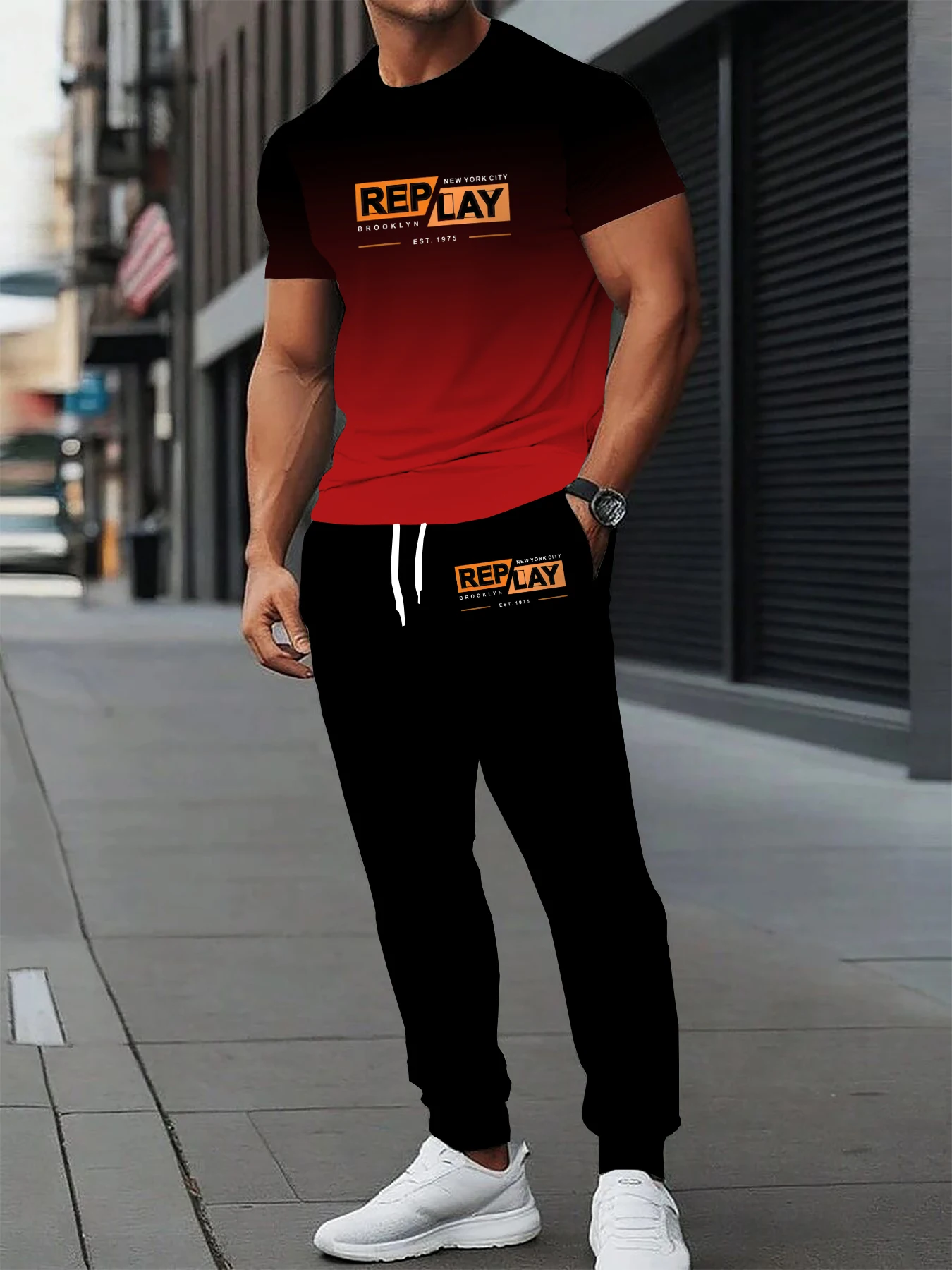 

Summer men's casual sports short sleeved T-shirt long pants set with letter print soft and comfortable outdoor men's clothing