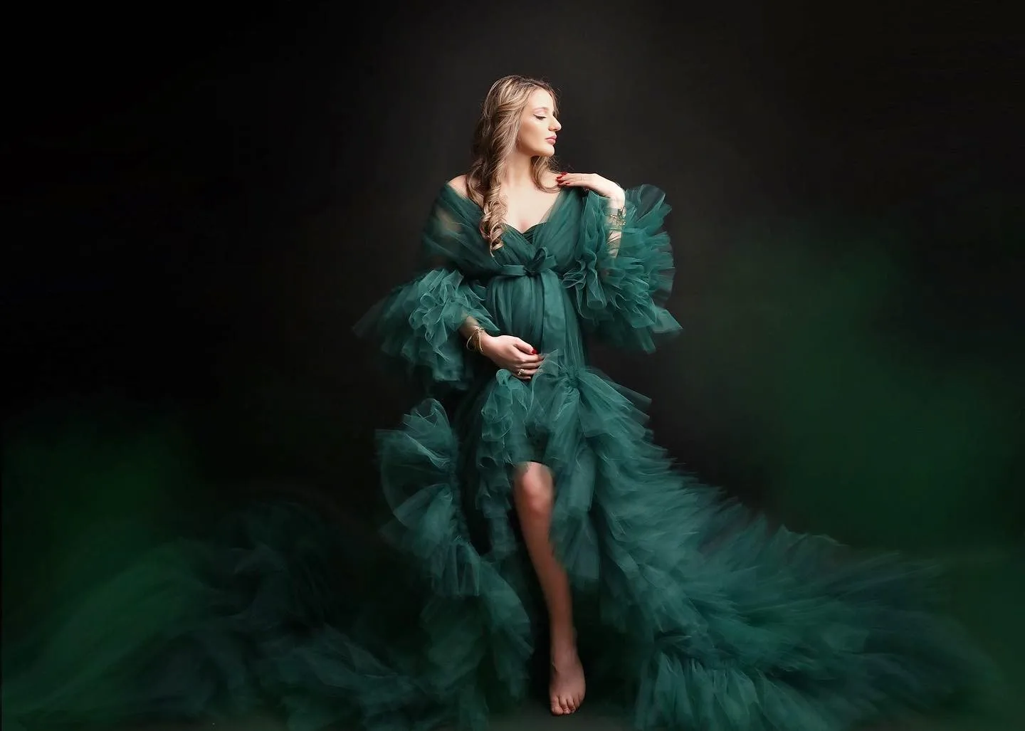 

Green Pregnant Woman Prom Dress For Photoshoot Sexy V Neck Full Sleeve Bridal Morning Robe Evening Gown Tiered Tulle Customized