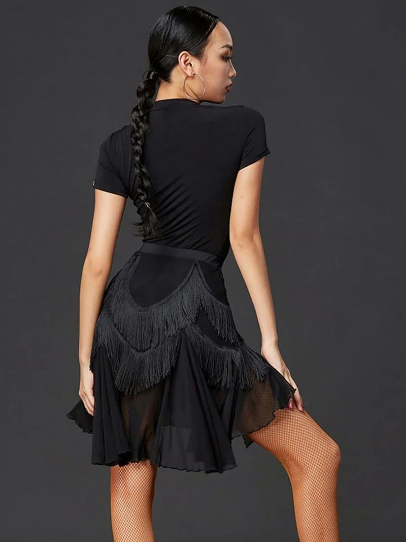 Black Tassels Mesh Skirt Women Latin Dance Skirt Ballroom Rumba Samba Dancewear Female Training Chacha Performance Costume