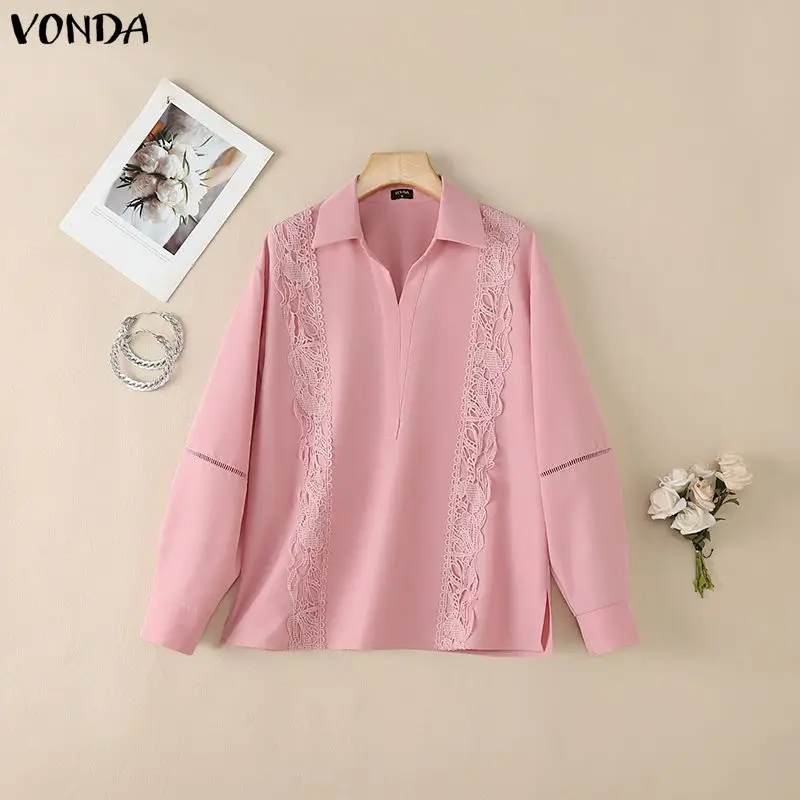 

VONDA Элегантная женская модная блузка с длинным рукавом, кружевными вставками и пэчворком, повседневный топ, осень-весна 2026, офисная и уличная одежда, Blusas Femininas