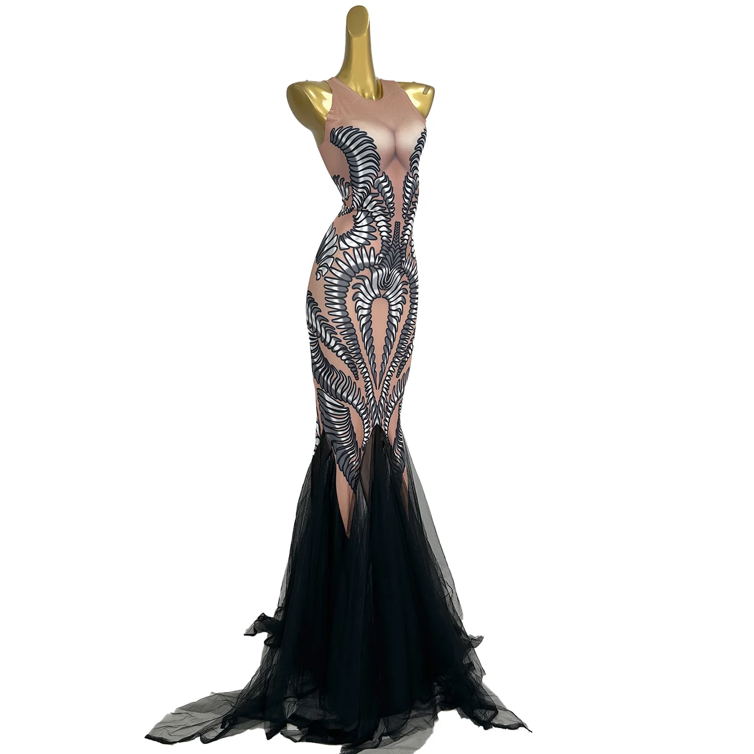 

High end Banquet Women's Dress Skin Tone Printing Black Mesh Splicing Floor Length Red Carpet Runway Performance Dress ﻿fatiao
