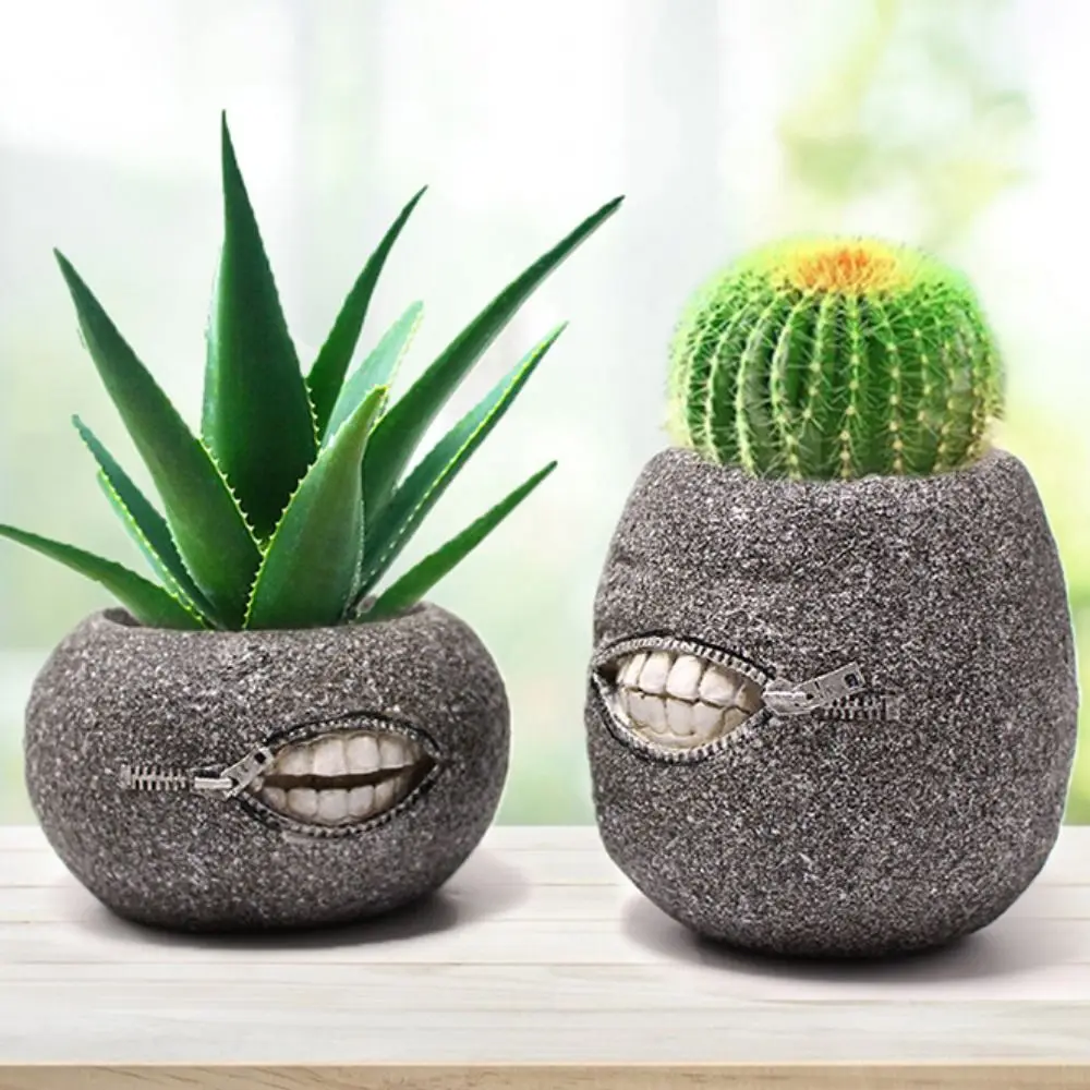 

2Pcs/set Simple Unique Zipper Tooth Flower Pot Sturdy With Drainage Holes Succulent Plant Pot Funny Resin Flowerpot Home Decor