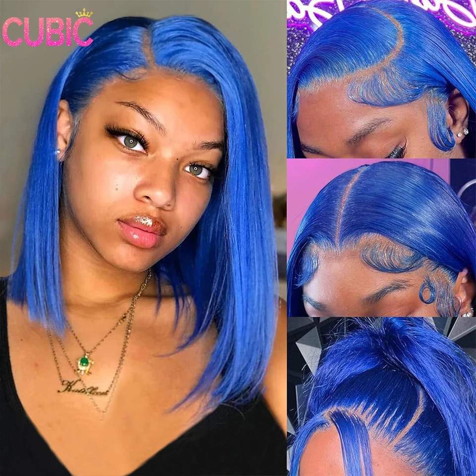 14 Iinch-Peluca de cabello humano liso con encaje Frontal 13x4, pelo de bebé predespuntado con densidad de 180%, color azul, Hd