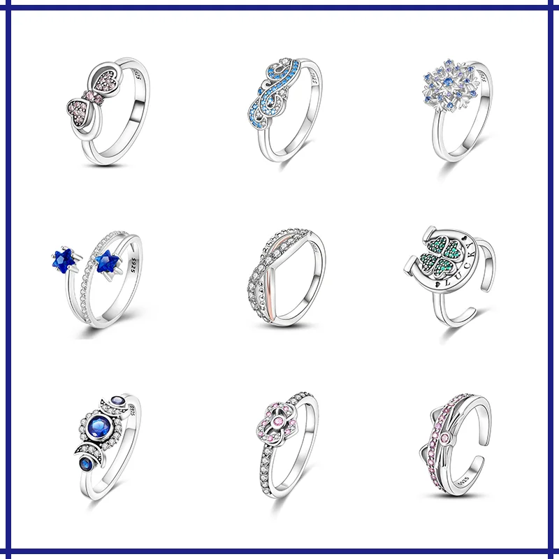 

925Silver Fashion Women's Ring Four Leaf Clover Blue Wave Eternity Heart Ring Geometric Cubic Zirconia Exquisite Wedding Jewelry