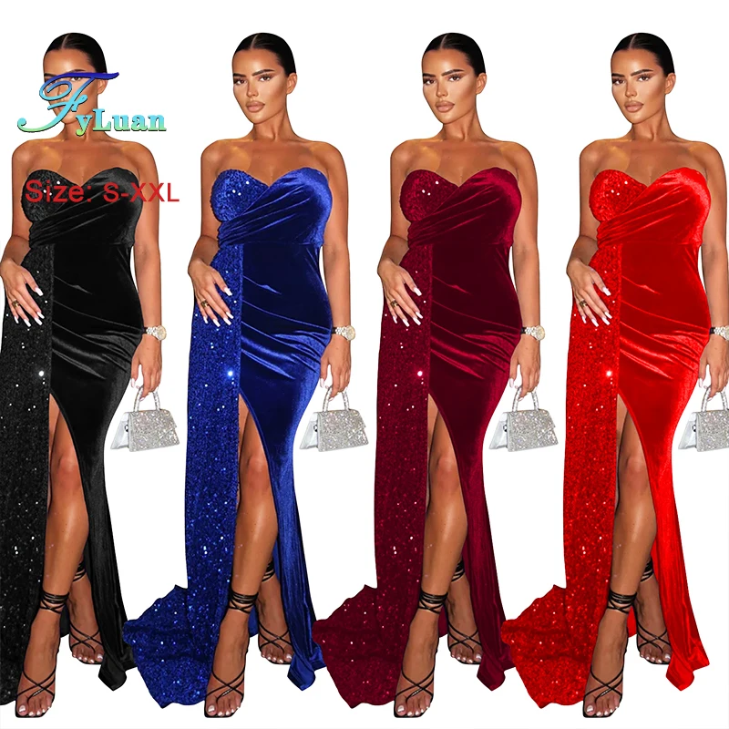 우아한 반짝 이는 여성 Bodycon 긴 드레스 섹시한 백 레이스 하이 웨이스트 스팽글 스플 라이스 Strapless 벨벳 인어 패키지 힙 스커트