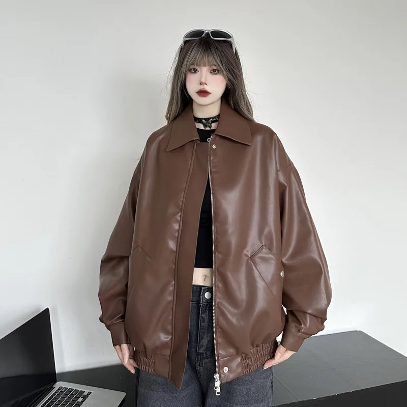 VOLALO New Autumn American Women Coat Women\'s Retro Brown Leather Jacket 2024 Jackets Clothing Winter