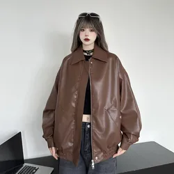 VOLALO New Autumn American Women Coat Women's Retro Brown Leather Jacket 2024 Jackets Clothing Winter