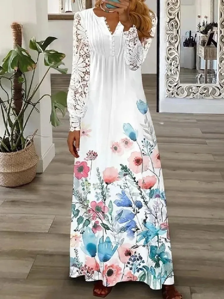 

Spring And Summer Women's New V-neck Long Sleeved Fashionable Lace Long Dress With Mid Waist Bubble Sleeves Elegant A-line Skirt