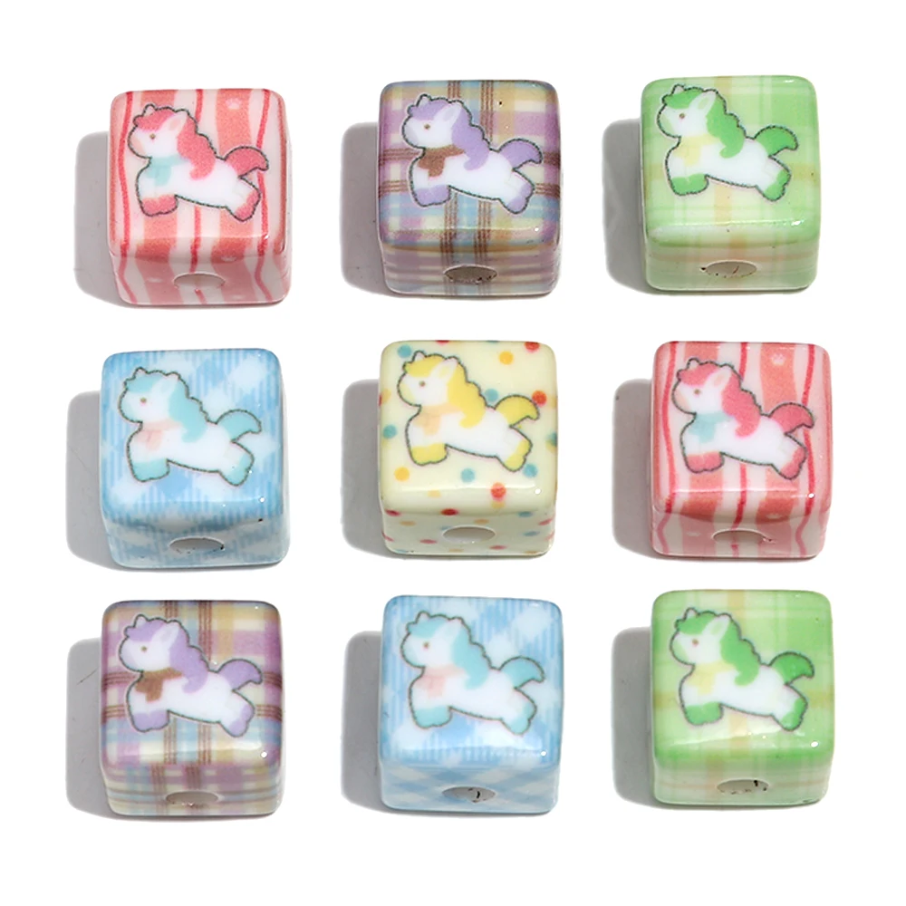 Cute Resin Colorful Drawing Geometric Square Loose Beads Sweet Necklace Bracelets Marking Charm Bead