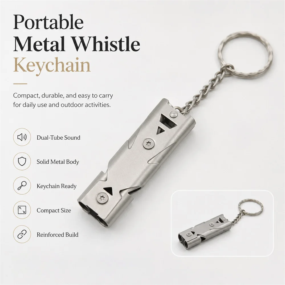 Stainless Steel Dual-Tube Survival Whistle with Keychain 120dB Loud Safety Whistle for Outdoor Hiking Camping Sports Emergency