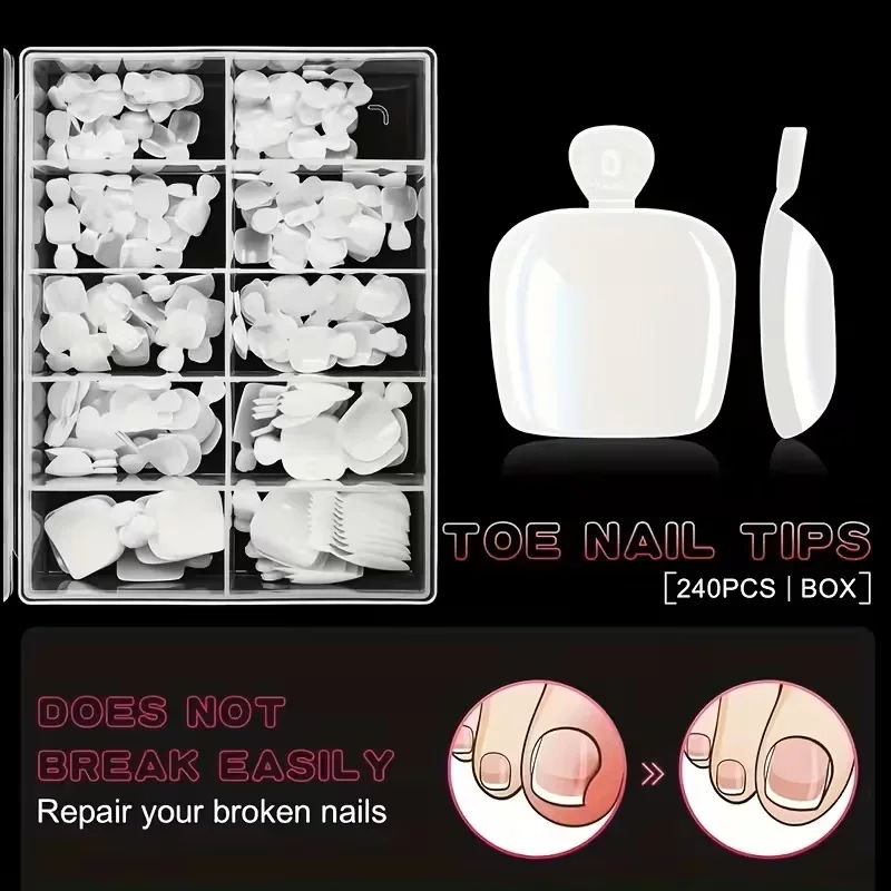 240 uñas postizas para pies, blancas, cuadradas, cortas, color sólido, superficie brillante 3