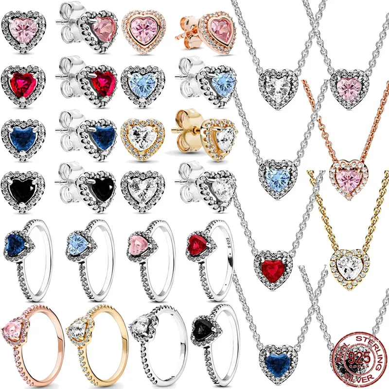 Exquisite Heart Series Set 925 Sterling Silver Classic Heart Ring Earrings Necklace Fashion Luxury Charm Girl Jewelry Gifts