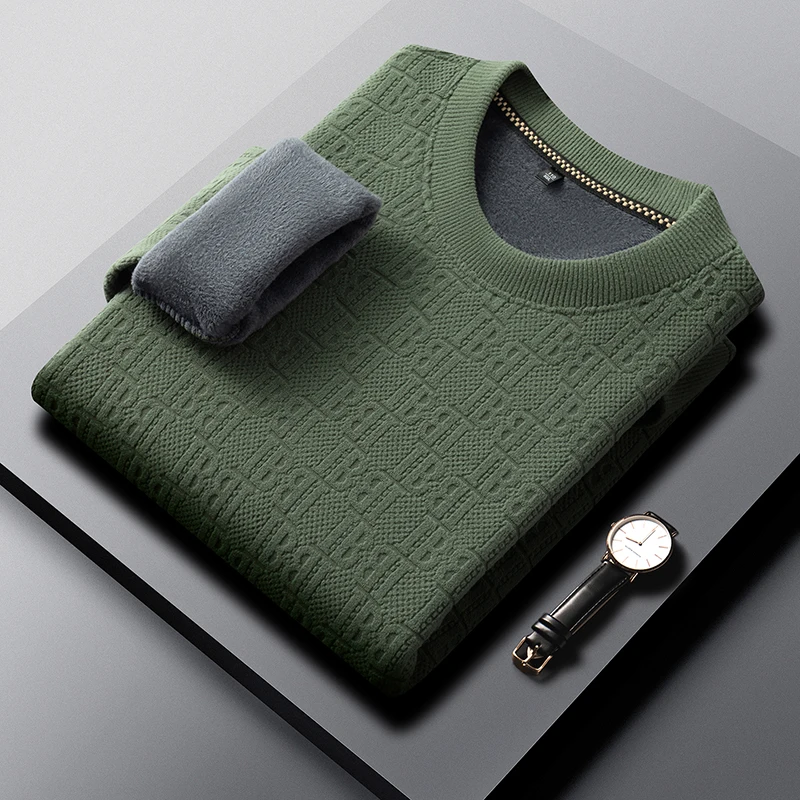 Winter Herren Casual Strickpullover Langarm mit Allover-Prägemuster Fleece-Innenfutter Rundhals Bürokleidung – Detail 3