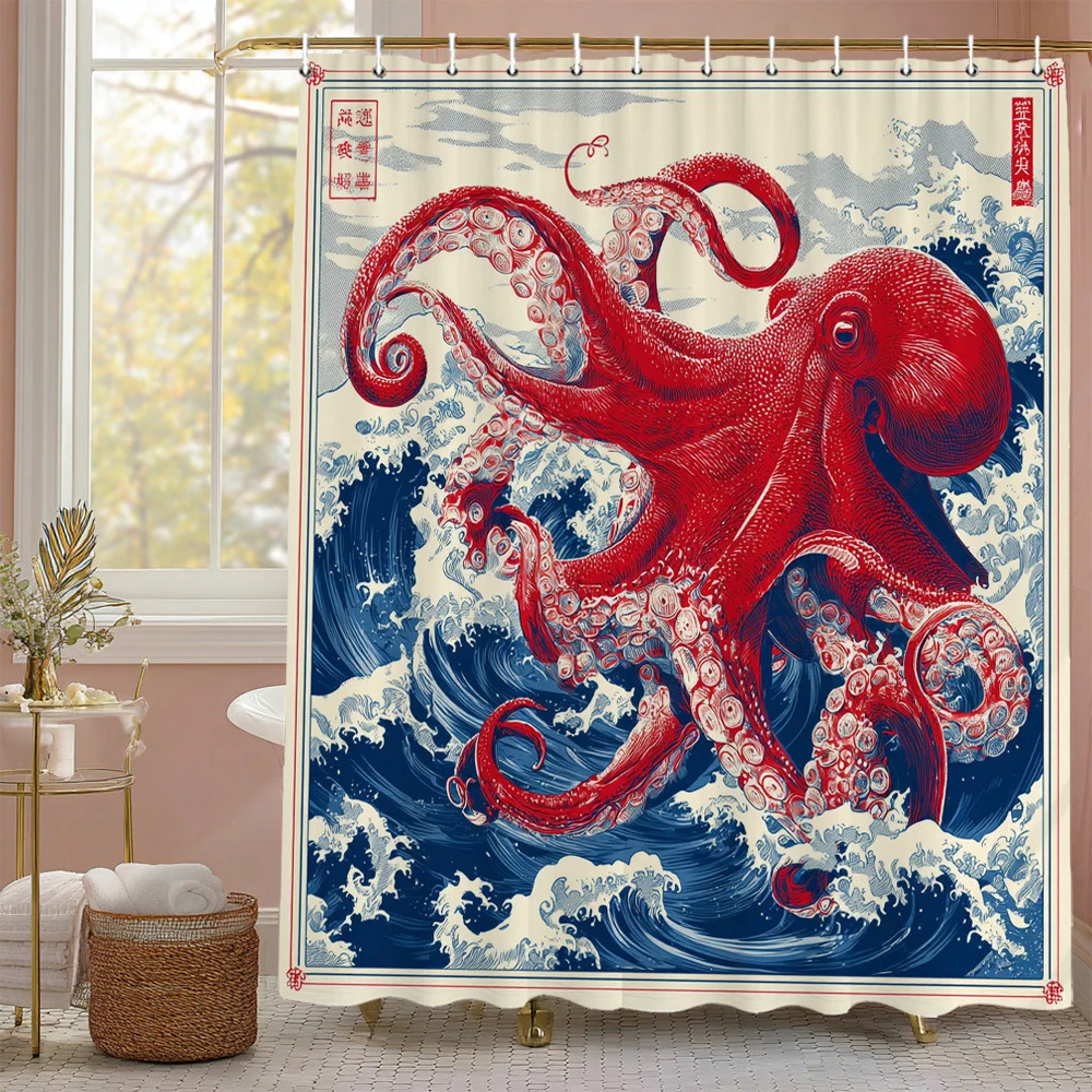 

Ocean Octopus Japanese Wave Style Shower Curtain, Bathroom Decorative Shower Curtain, Print polyester Shower Curtain with Hooks