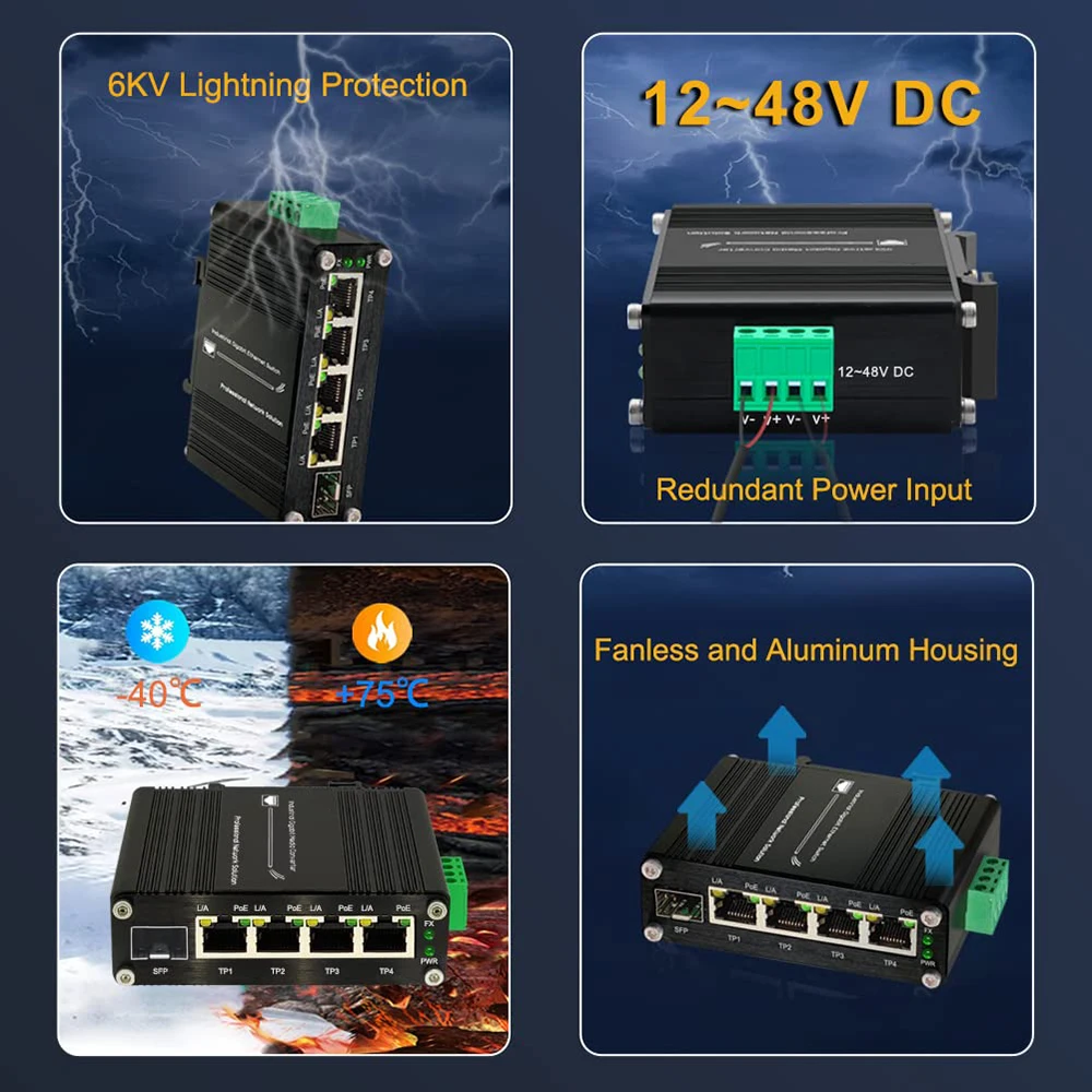 جيجابت صناعي 4 منافذ PoE محول إيثرنت PoE + مفتاح ألياف مع فتحة SFP التكيفية 100/1000 متر Din Rail IEEE802.3af/at 30W #6