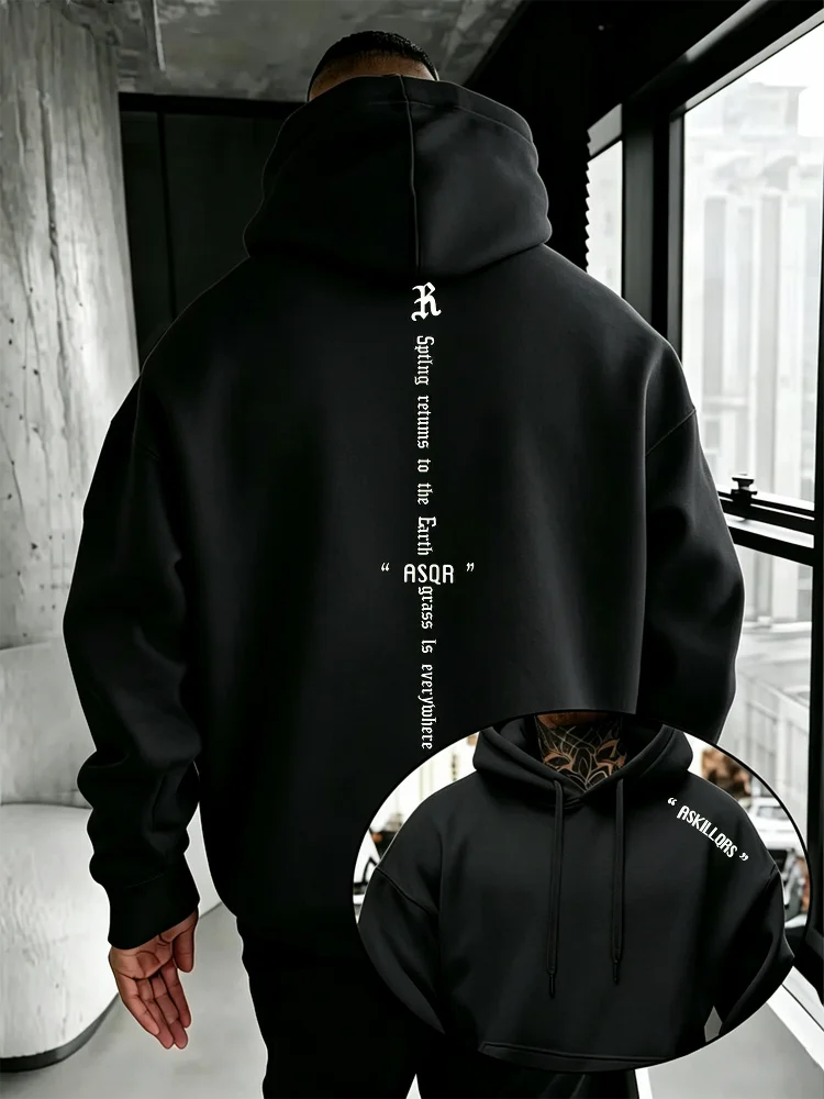 Warm Winter Fleece Hoodies Mens Gothic Text Graphic Printed Sweatshirt Hip Hop Streetwear Loose High Quality Hooded Tops