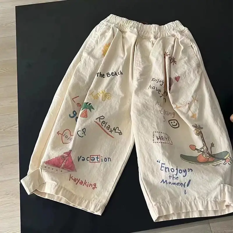 Summer baby Boy Cotton Letter Straight Trousers Girls Cute Cartoon Casual Anti Mosquito Pants Korean Kids Thin Loose Pants 1-8 Y