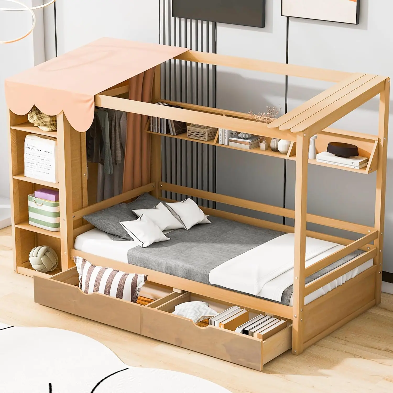 Merax Estructura de cama de tamaño doble con 2 cajones, armario incorporado, estantes de almacenamiento, barandilla y cortina, cama de madera para niños