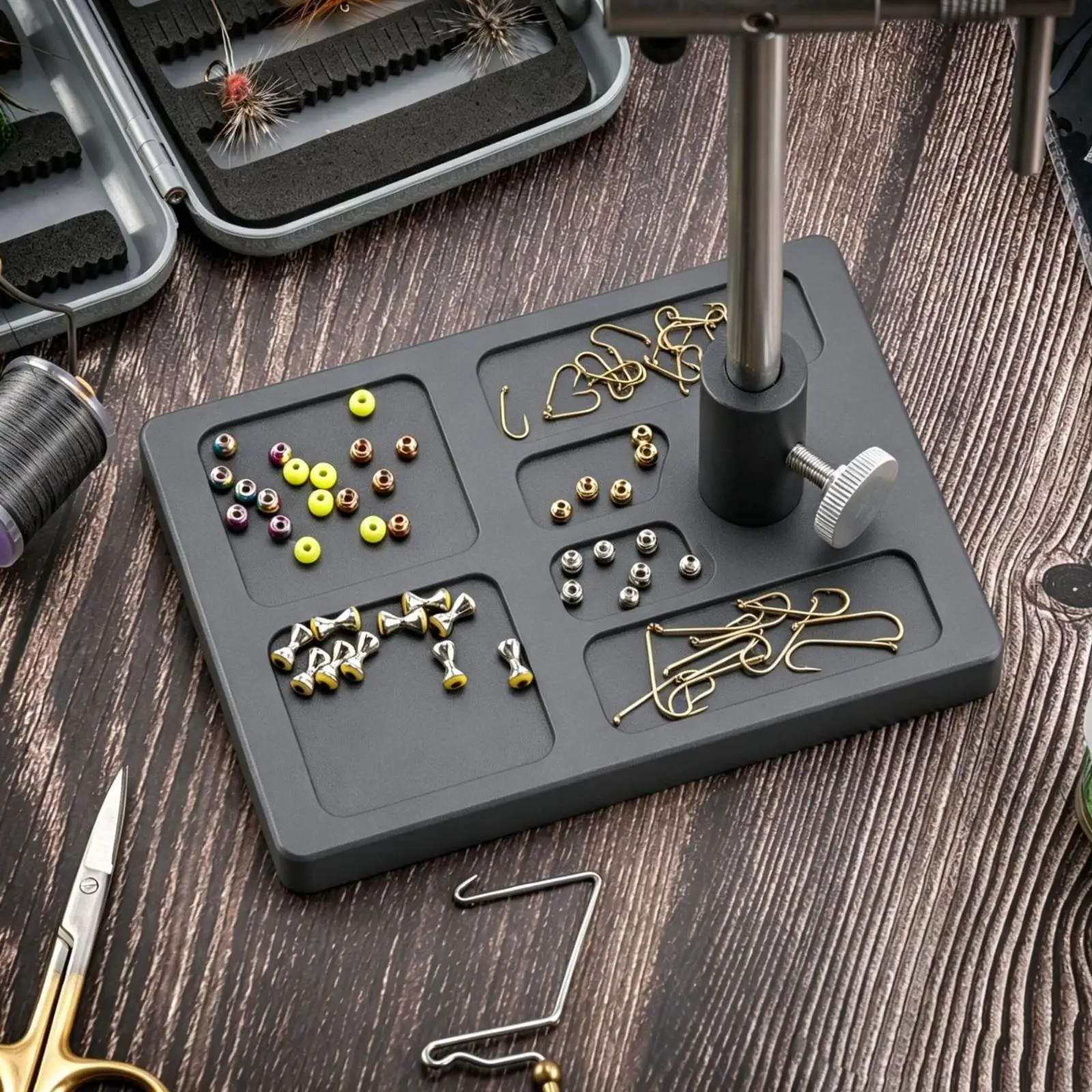 Fishing Hook Tying Base Fly Tying Vise Pedestal Built in Storage Pockets Compact Bench Organizer for Anglers