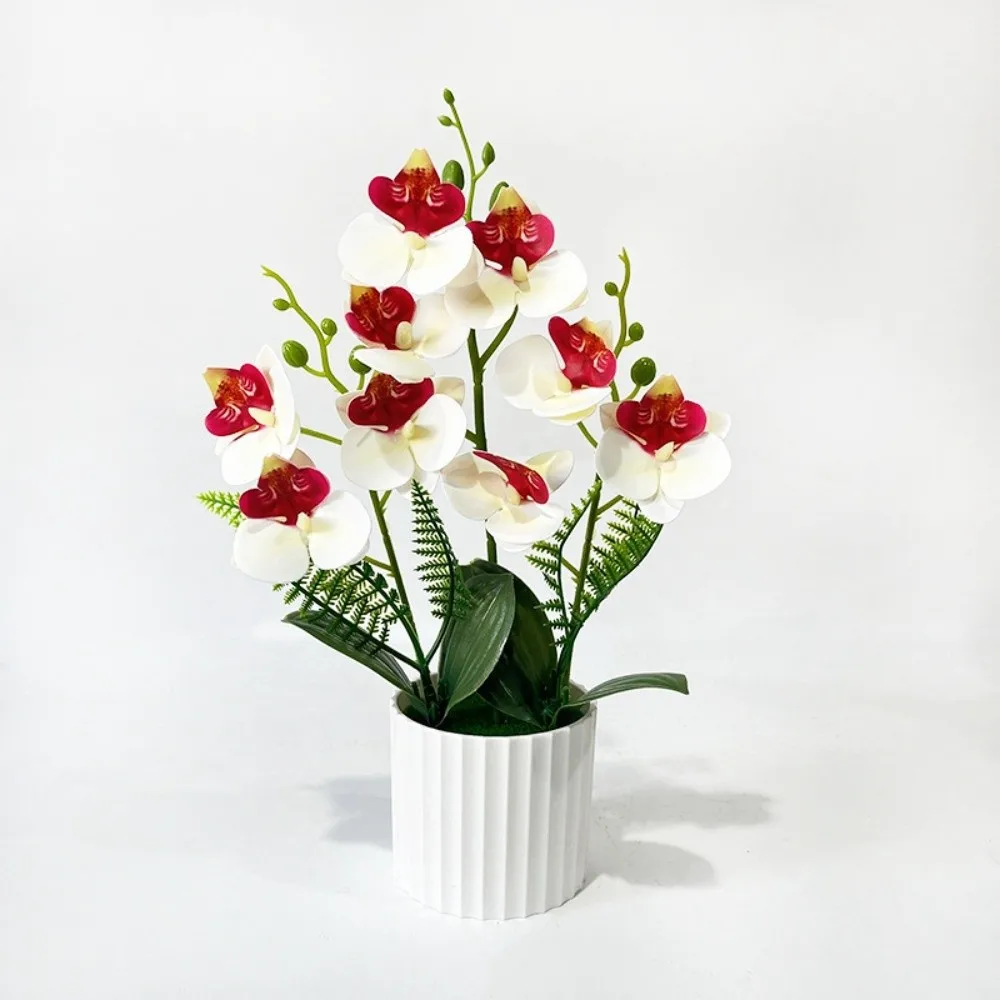 9 Heads Artificial Orchid Potted Flower Pink With White Pot Simulated Butterfly Orchid Flower Potted Phalaenopsis Multi-Bloom