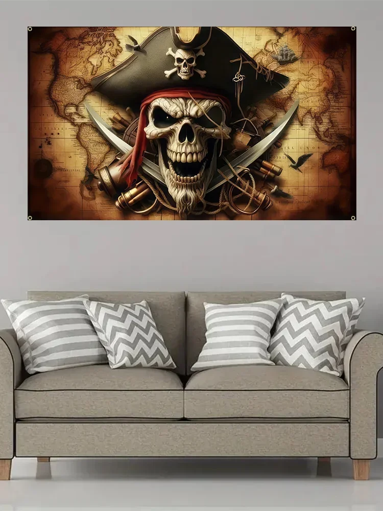 Pirate Flag - Jolly Roger with Skull & Crossbones,Large Pirate Map Background, Nautical Decor for Parties, Events, and Home Deco