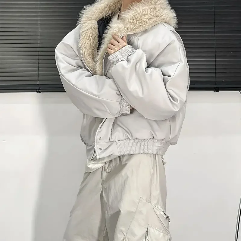 

Winter Thick Jacket American Retro Woolen Collar Hooded Cotton Plush Top Men Street Hip-Hop Gothic Harajuku Oversize Jacket Coat