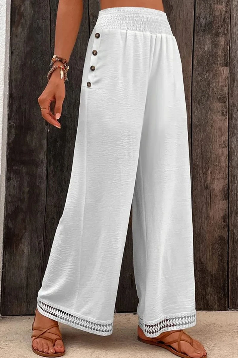 

Flycurvy Plus Size Casual White Button Pocket Smocking Lace Panel Pants