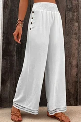 Flycurvy Plus Size Casual White Button Pocket Smocking Lace Panel Pants