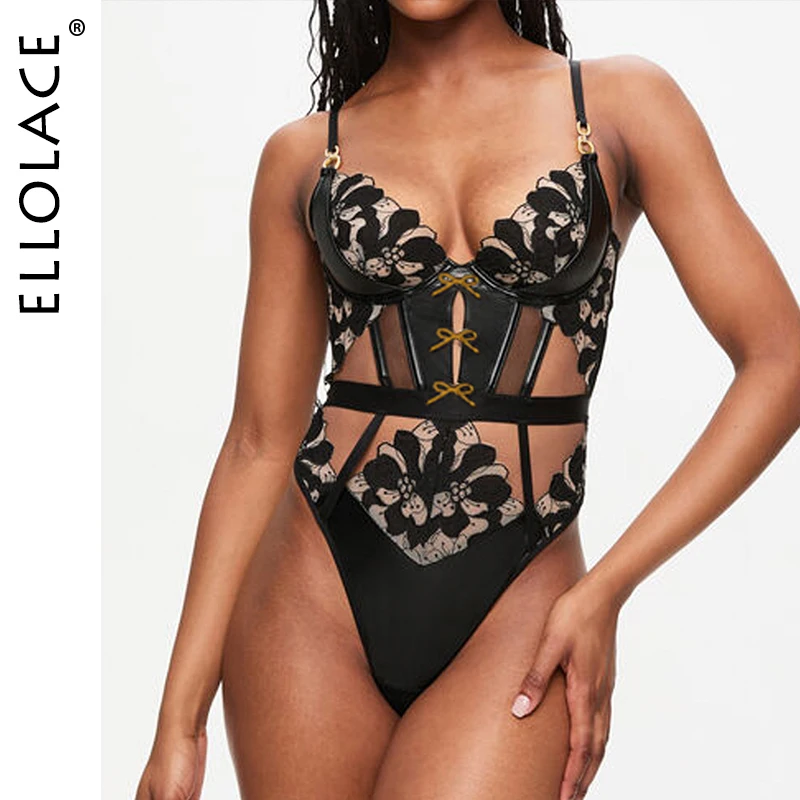 

Ellolace Sexy Bodysuit Lace Embroidery Hot Sexy Clothes Woman Designer Luxury Body Slimming Sissy Fetish Latex Crotchless Tops
