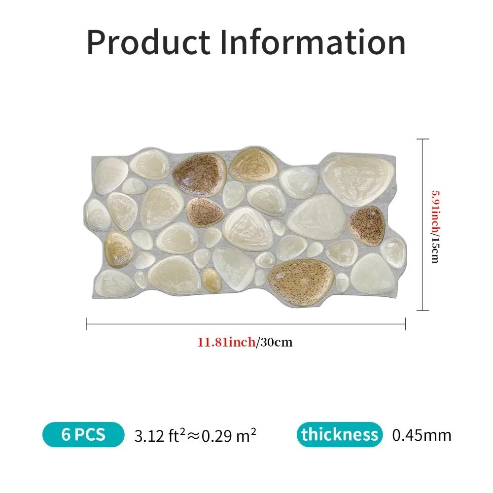 3D Pebble Self-Adhesive PVC Wall Stickers 30x15cm 6PCS,Waterproof Oil Proof Peel and Stick,for Kitchen Cabinet Countertop Living