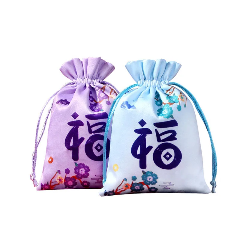 50pcs/Lot 10*14cm Chinese Style Peach Blossom Satin Cloth Drawstring Bags Pouches Wedding Gift New Lucky FU Bag