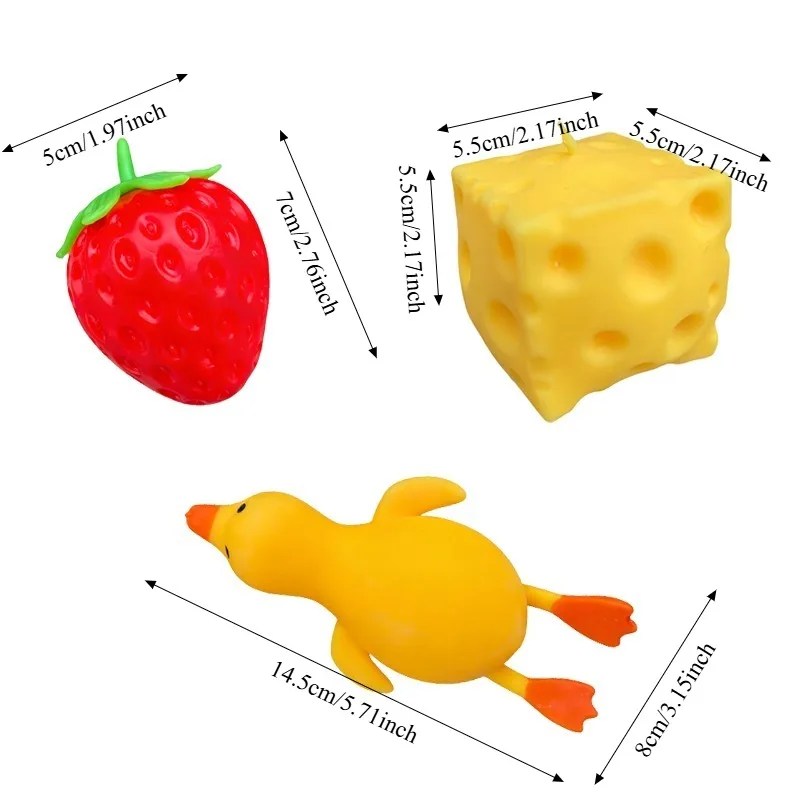 Strawberry Cheese Cube Duck Squishy Toy Set 3PCS Fidget Toy Strawberry Cheese Squeeze Sensory Toy for Adults Decompression Gift