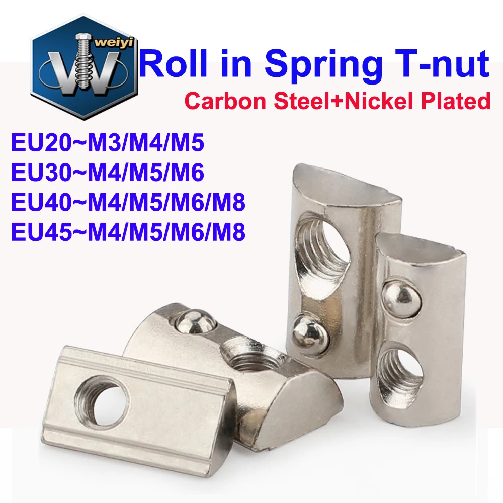 Nakrętki sprężynowe Weiyi M3 M4 M5 M6 M8, półokrągłe, elastyczne, do rowków profilu aluminiowego serii Eu 2020 3030