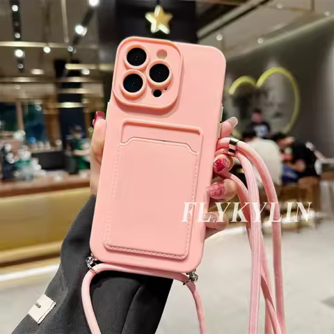 Flat Rope Solid Color Card Bag Phone Case For Xiaomi Poco X7 X6 Pro F7 Ultra M6 X5 X3 NFC POCO C65 Hanging Rope Soft Silicone