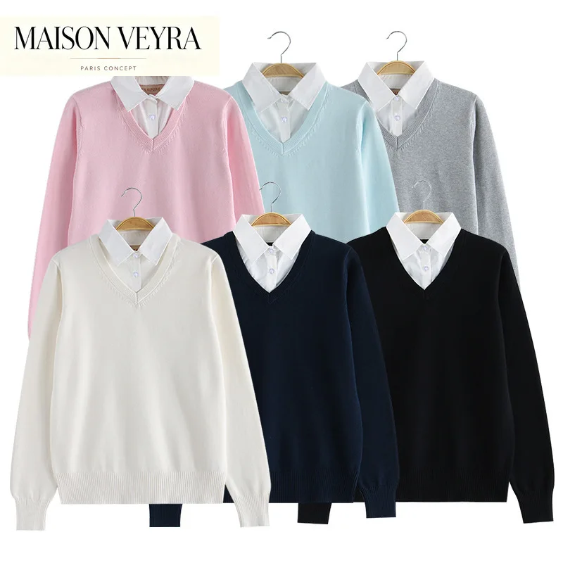 2025-kawashima-autumn-winter-jk-uniforms-sweater-women-japanese-and-korean-south-students-school-uniform-fake-shirt-v-neck-top