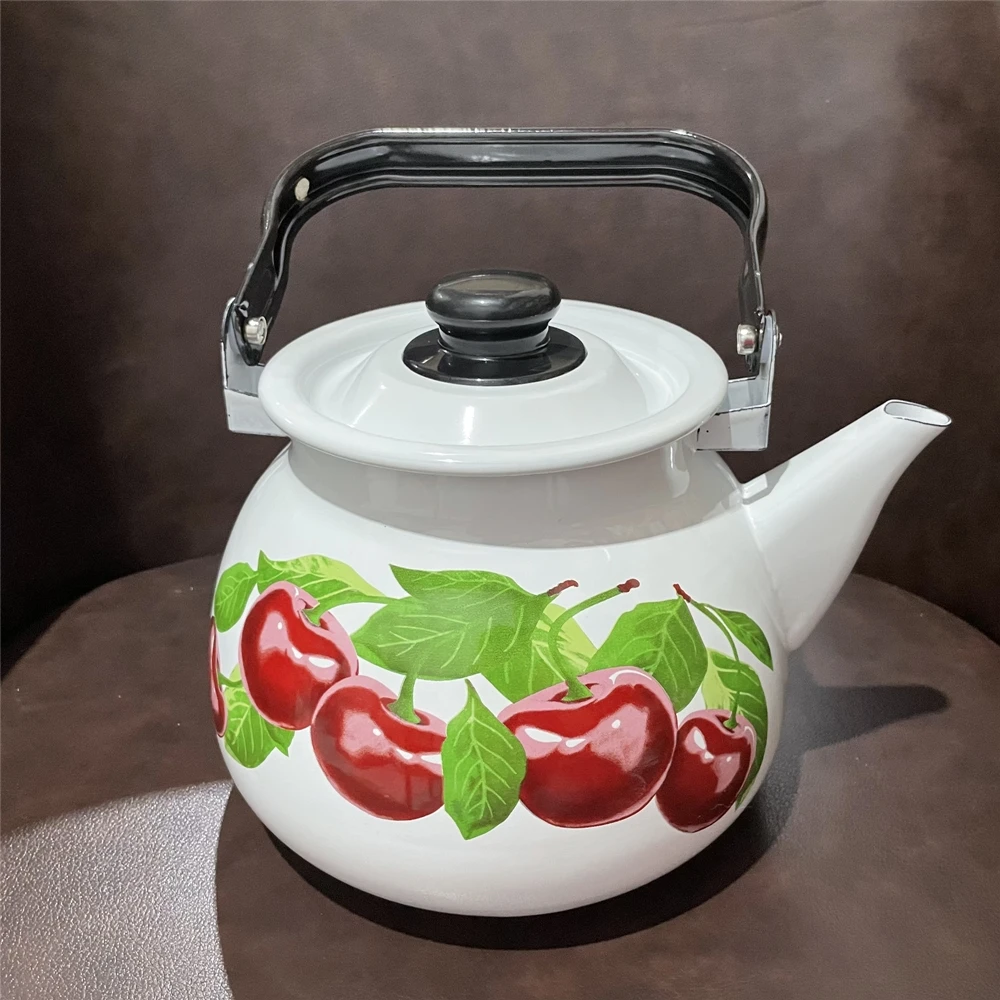 New Large Capacity Kitchen Enamel Kettle Classic White Cherry Milk Teapot Induction Cooker Gas Cooker Universal Outdoor Kettle