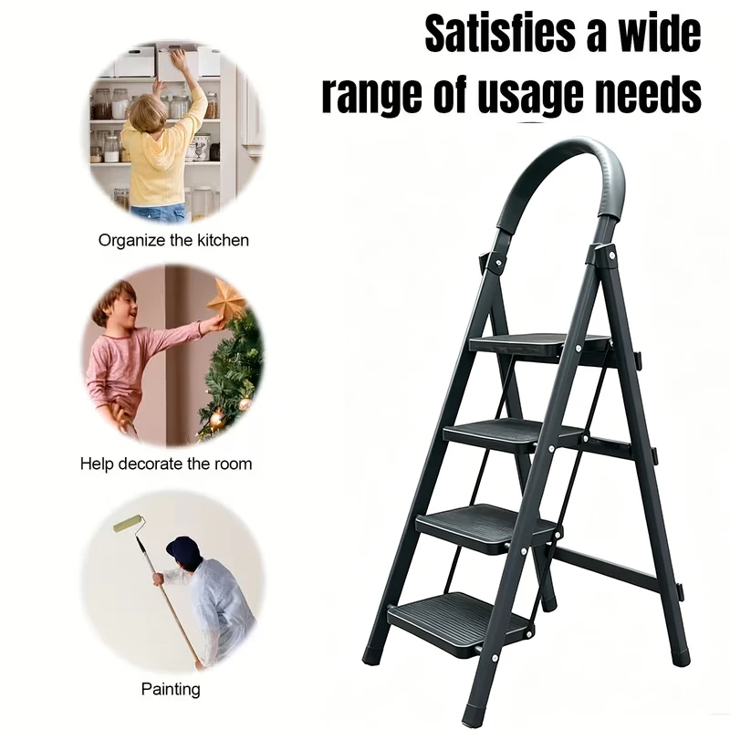 4-step - Heavy duty folding ladder, compact and foldable, saving storage space. Thick integrated metal frame with high load-bearing capacity and long service life. Wide anti slip steps, stable and comfortable standing. Very suitable for home, garage, and
