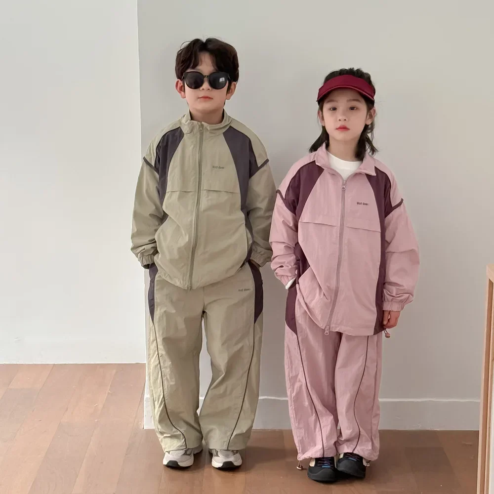 

Children Clothes Set 2025 Spring Boys and Girls Korean Style Solid Color Loose Zipper Kids Simple Cool Two Piece Set Set