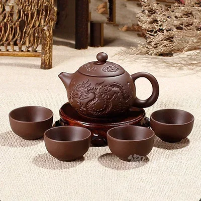 Clay Kung Fu Bule 150 Ml Yixing Zisha Chinese Porcelain Tea + 4 Copies Cup Handmade Ceramic Dragon Teapot